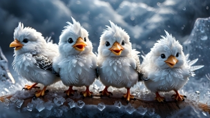 4羽の可愛い白い鳥 / 冬 / 氷のフリー素材・写真・画像