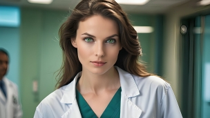 こちらを見つめる白衣を来た緑の瞳のドクター / ブロンド / 医者のフリー素材・写真・画像