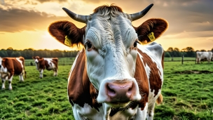 白・茶色の牛の群れ / 顔のアップ / 牧場のフリー素材・写真・画像