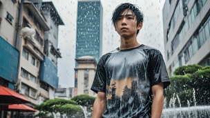 噴水の前で濡れた黒髪の日本人男性 / 黒いTシャツのフリー素材・写真・画像