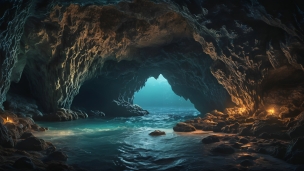 水が流れる荘厳な洞窟のフリー素材・写真・画像