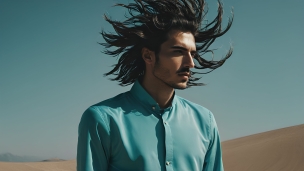水色の服を着た男性 / 外国人 / 乱れた髪 / 砂漠のフリー素材・写真・画像