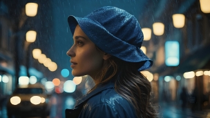 雨の中、青いフラワーハットをかぶった女性の横顔のフリー素材・写真・画像