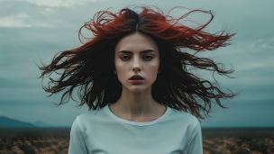 白いTシャツを着た赤髪の女性 / 正面 / 乱れた髪のフリー素材・写真・画像