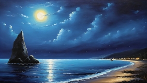 海 / 浜辺 / 満月 / 奇岩 / 月光 / ヨットのフリー素材・写真・画像