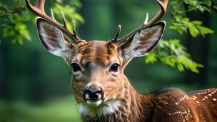 こちらを見つめる牡鹿 / 緑の木々のフリー素材・写真・画像