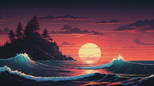 夕陽と荒れた海 / イラストのフリー素材・写真・画像