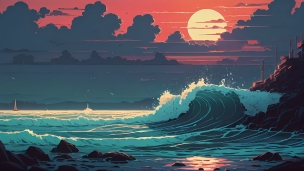 岸壁で跳ね返る波と夕陽のフリー素材・写真・画像