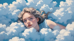 雲間から顔を出す青い瞳の女性 / イラストのフリー素材・写真・画像