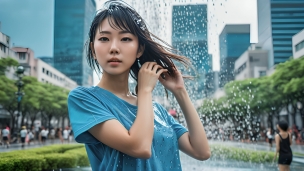 噴水の前で濡れた髪を触る水色のTシャツを着た女性のフリー素材・写真・画像