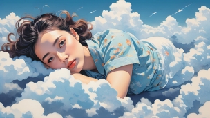 雲を枕にして寝る女性 / イラストのフリー素材・写真・画像