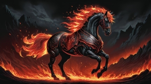燃えるような鬣と尻尾の黒い馬 / 燃え盛る大地のフリー素材・写真・画像
