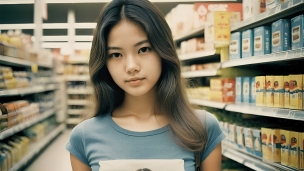 スーパーマーケットの通路に立つ水色のシャツを着た茶髪の女性 / 美人のフリー素材・写真・画像