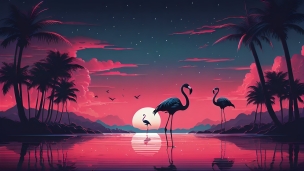 満月とピンクの湖と黒いフラミンゴのフリー素材・写真・画像