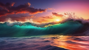 緑色に輝く波と遠くに見える夕陽 / 絶景のフリー素材・写真・画像