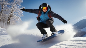 青いスノーボードに乗って雪の上を滑る男性 / 雪景色のフリー素材・写真・画像