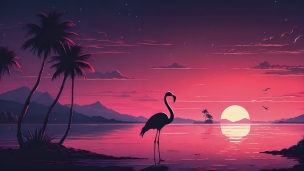 ピンクの湖と空とフラミンゴ / イラスト / 綺麗のフリー素材・写真・画像