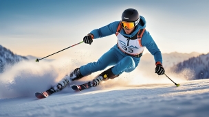雪山を攻めるプロスキーヤー / 青いスキーウェアのフリー素材・写真・画像