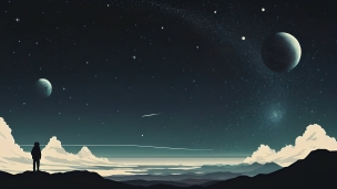 濃紺の宇宙と空を眺める男性のシルエットのフリー素材・写真・画像