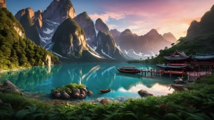 緑豊かな自然に囲まれた綺麗な緑の湖と赤い小舟のフリー素材・写真・画像