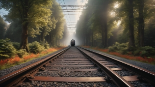 遠くから迫る黒い電車のフリー素材・写真・画像