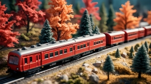 紅葉と赤い電車 / ミニチュアのフリー素材・写真・画像