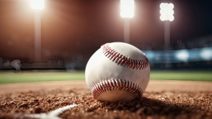 ナイターの球場と野球のボールのフリー素材・写真・画像