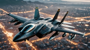 炎立ち込める街の上を飛行する黒い戦闘機 / かっこいいのフリー素材・写真・画像