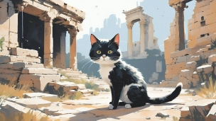 神殿跡に佇みこちらを見つめる黒・白の猫のフリー素材・写真・画像