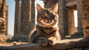 神殿跡地に出没する首輪を付けた猫のフリー素材・写真・画像