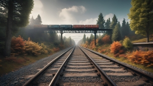 高所にある線路を走るカラフルな電車 / 紅葉のフリー素材・写真・画像