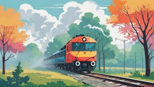 紅葉の中、線路を走るカラフルな電車のイラストのフリー素材・写真・画像