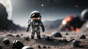 惑星の上で仁王立ちする可愛い宇宙飛行士のフリー素材・写真・画像