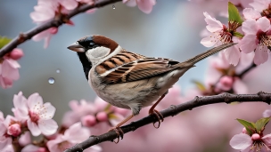 桜の花にとまる可愛い雀のフリー素材・写真・画像