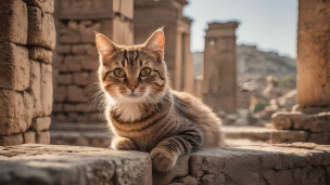 廃墟に生息する可愛い縞模様の猫のフリー素材・写真・画像