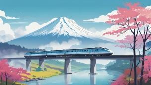 川の上の線路を走る水色の電車 / 富士山 / 紅葉 / 日本のフリー素材・写真・画像