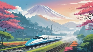 富士山と紅葉と白と水色の電車 / イラストのフリー素材・写真・画像