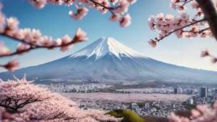 桜越しに見える富士山のフリー素材・写真・画像