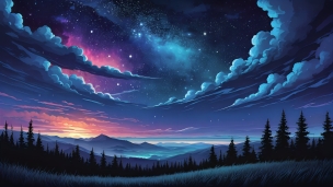青・紫がかった草原と山脈と宇宙のフリー素材・写真・画像