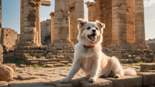 神殿跡でリラックスする白茶の犬のフリー素材・写真・画像