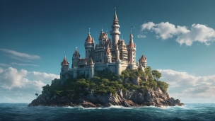 海で囲まれた島に建つ荘厳な城のフリー素材・写真・画像