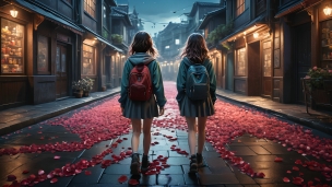 赤い花びらが落ちている道を歩く二人の少女の後ろ姿 / 綺麗のフリー素材・写真・画像