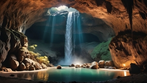 滝が落ちる洞窟 / 緑色の池のフリー素材・写真・画像