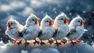 雪が降る中、可愛い5羽の白い鳥のフリー素材・写真・画像