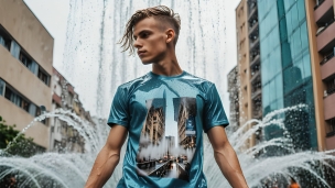 噴水の前、濡れているイケメンの外国人男性 / 水色のTシャツのフリー素材・写真・画像