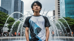 噴水の前、黒・白のTシャツを着た日本人の男性 / イケメンのフリー素材・写真・画像