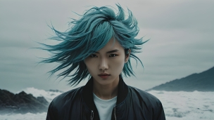 風になびく緑の髪色の日本人 / 黒いジャケット / 白T / 海のフリー素材・写真・画像