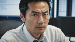 強張った表情でこちらを見つめる日本人男性 / 中年 / Yシャツ / サラリーマンのフリー素材・写真・画像