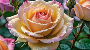 水滴がついた薄い黄色・ピンクの薔薇のフリー素材・写真・画像