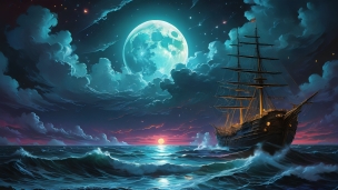 青い月と赤い夕陽と海を航行する船のフリー素材・写真・画像